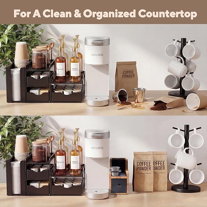 Coffee Pod Maker Stand, Solid Wood Reusable K-Cup Filter Holder & Filling Station with Coffee Ground Storage Drawer & Waste Bin, Countertop Wood Coffee Bar Organizer, Easy Daily Refill (Oak)
