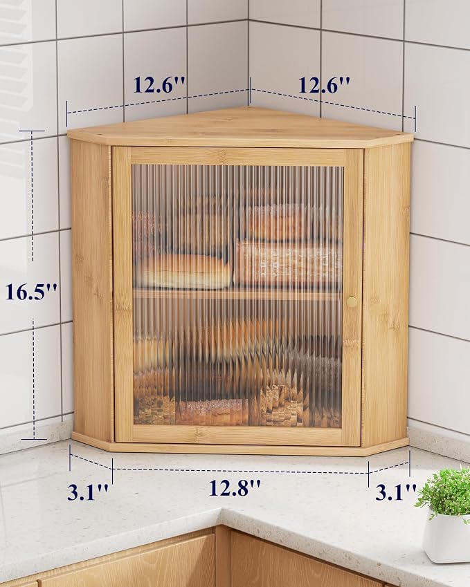 Kitsure Bread Box - 2-Tier Corner Bread Box for Kitchen Countertop with Magnetic Acrylic Door, Bamboo Kitchen Counter Organizer for Snacks, Loaves, Homemade Bread Storage, Natural, 16.5" H