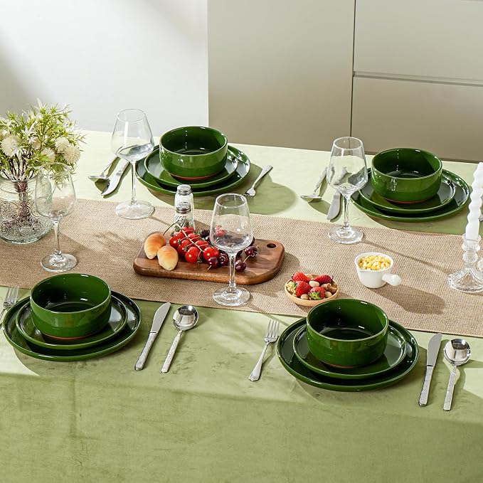 12 Piece Ceramic Plates and Bowls Sets for 4, Elegant Green | Stoneware Dinnerware Set, Dishwasher & Microwave Safe, Handcrafted, Perfect for Family and Gatherings