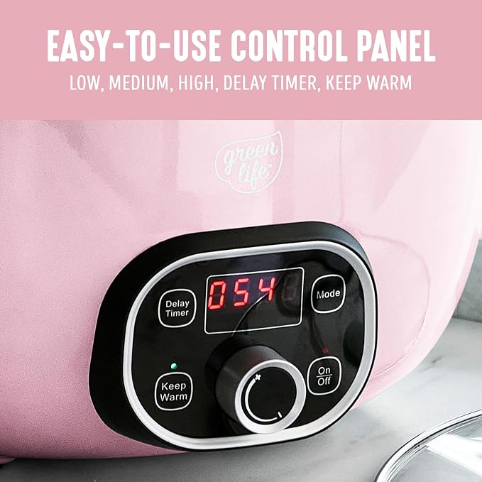 GreenLife 6QT Slow Cooker, Non-Toxic PFAS-Free Ceramic Nonstick Removable Interior Bowl, Programmable, Family Friendly, Keep Warm, Stovetop & Oven Safe, Dishwasher Safe Crock, Timer, Glass Lid, Pink
