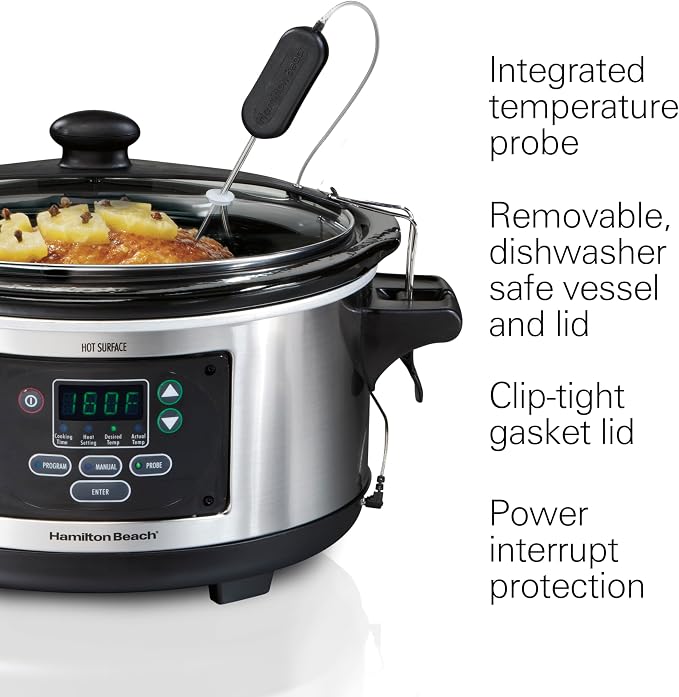 Hamilton Beach Portable 6 Quart Set & Forget Digital Programmable Slow Cooker with Lid Lock, Temperature Probe, Dishwasher Safe Crock & Lid, Stainless Steel (33969A) | Temperature Probe | Lid Lock For Easy Travel | Dishwasher Safe Crock & Glass Lid | S...