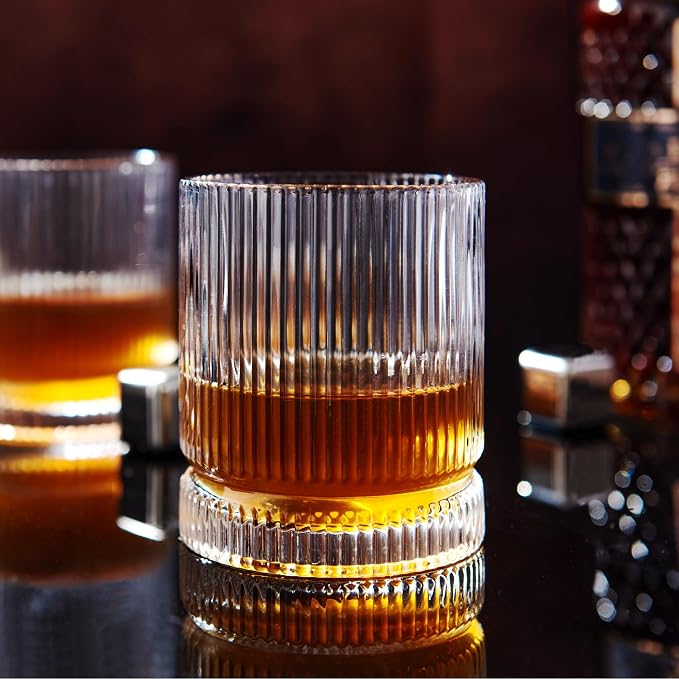 Vintage Whiskey Glasses Set of 6, 12 oz Crystal,Regular Packaging | Old fashioned, ribbed design, birthday, Father's Day, Christmas, gifts for men, home barware