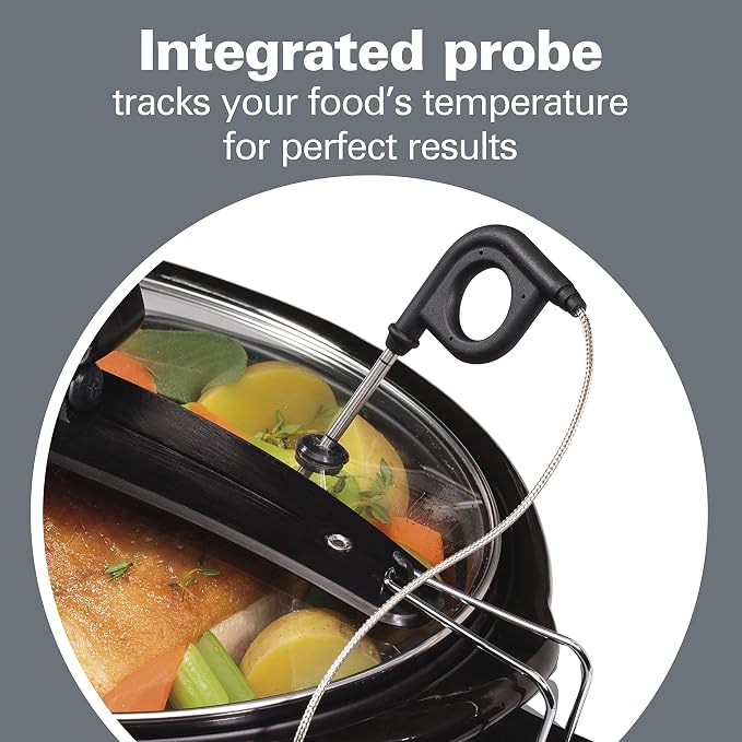 Hamilton Beach Portable 6 Quart Set & Forget Programmable Slow Cooker | Temperature Probe | Lid Lock For Easy Travel | Dishwasher Safe Crock & Glass Lid | Black Stainless Steel | 33866
