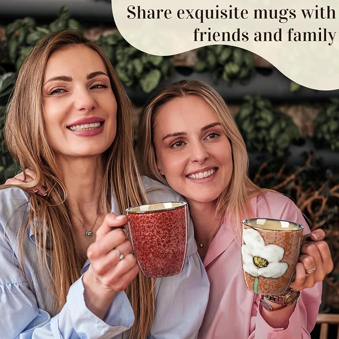 Maxdot 2 Pcs 12oz Ceramic Coffee Mugs Sets Glazing Process Cappuccino Mug Floral Ceramic Tea Cups Idea Gift Set for Women Porcelain Cup for Coffee, Cocoa, Tea, Latte (Retro) (Vintage)