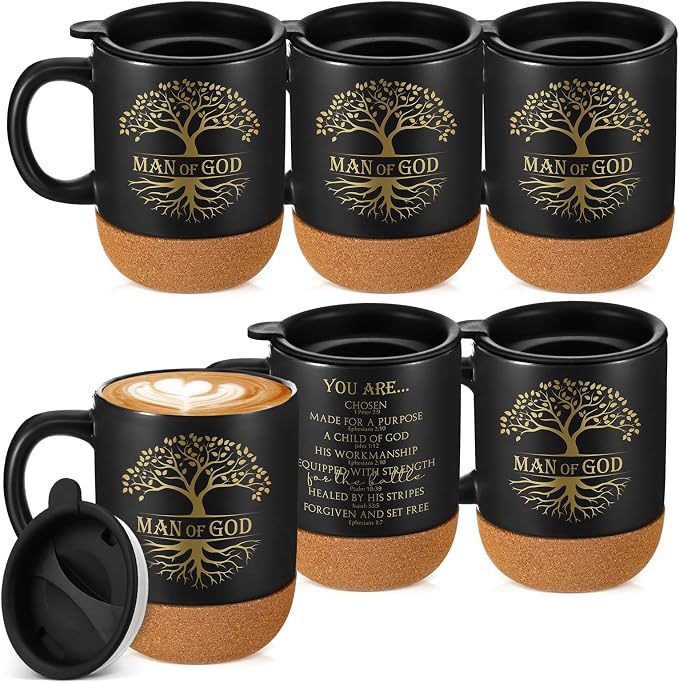 Didaey 6 Pcs Man of God Gifts for Men Christian Mugs Bulk with Cork Bottom 15 oz Bible Verses Cup Ceramic Religious Coffee Mug Thank You Gift for Father Dad Grandpa Church Christmas (Black)