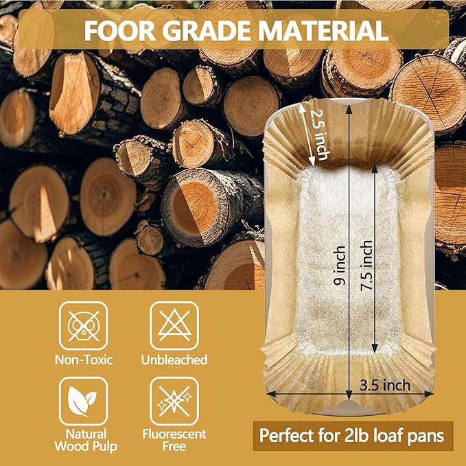 UBeesize 2lb Loaf Pan Liners, 200 PCS Loaf Pan Liners for Baking Bread 9x5, Non-Stick Bread Pan Liners, Pre-formed Rectangle Paper for Bread and Cakes