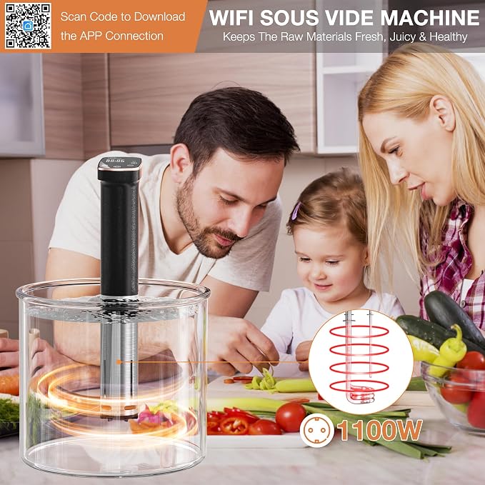 1100W WiFi Sous Vide Machine Precision Temperature Control Immersion Circulator for Home Chefs, Sous Vide Cooker Ultra-Quiet Fast Heating with App & Recipes, for Steak, Chicken & Seafood
