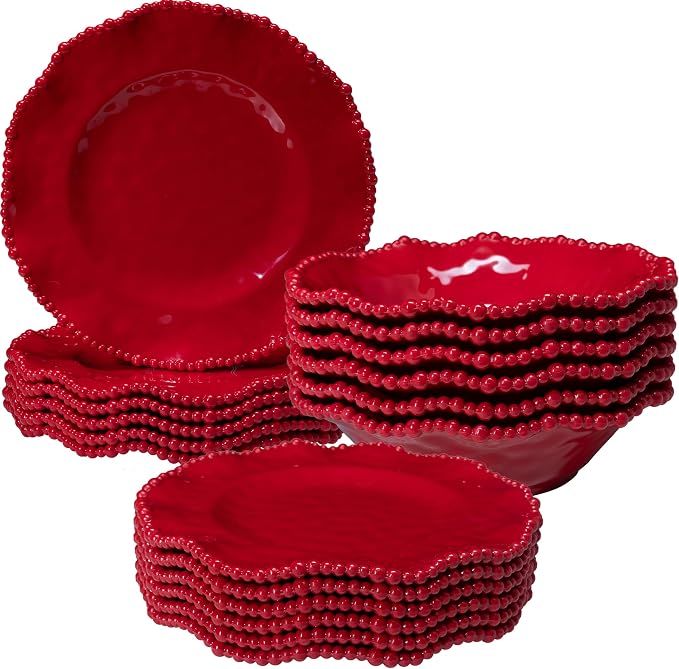 Christmas Red 18 Piece Beaded Melamine Dinnerware Sets, Service for 6, Lightweight Unbreakable, BPA Free With Scalloped rim Plates and Bowls Sets, Dishwasher Safe, Indoor and Outdoor Use