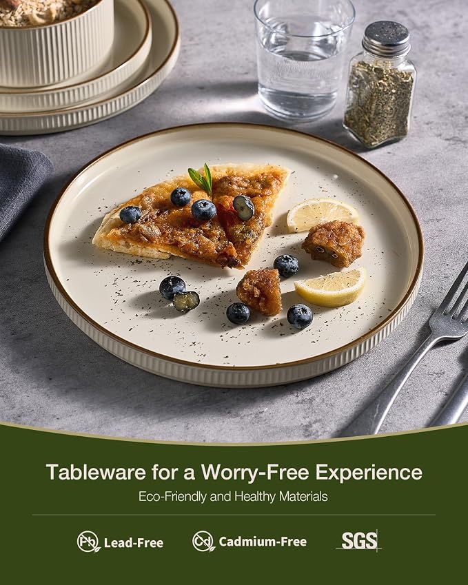Famiware Star 24-Piece Stoneware Dinnerware Sets with Trim, Service for 6 - Ceramic Mugs, Plates, Bowls, Dishes for Everyday/Party/Formal Use, Chip/Scratch Resistant, Microwave/Dishwasher Safe, Cream