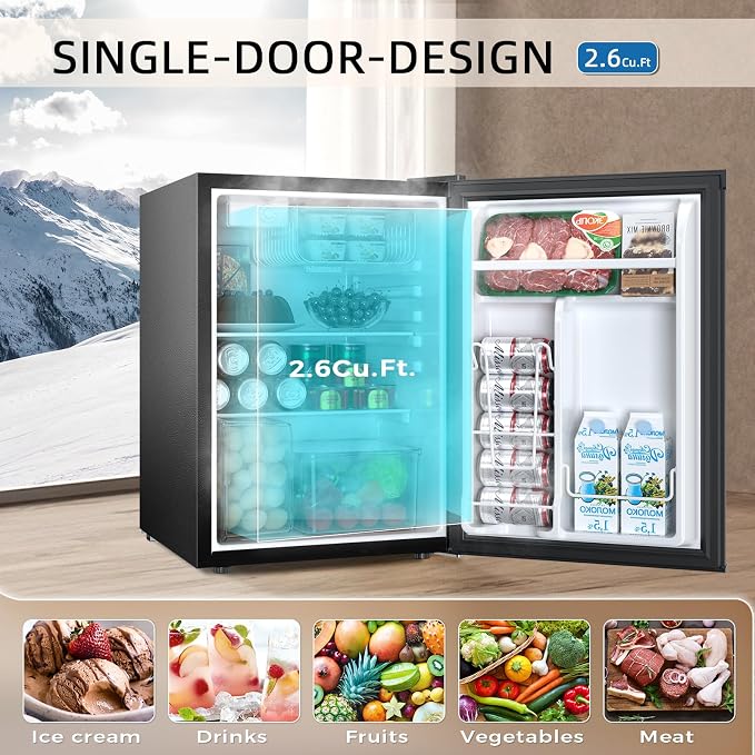 Antarctic Star Mini Compact Refrigerator with Freezer, 2.6 Cu.Ft. Single Door Adjustable Removable Shelves for Apartment/Dorm/Office,BLACK