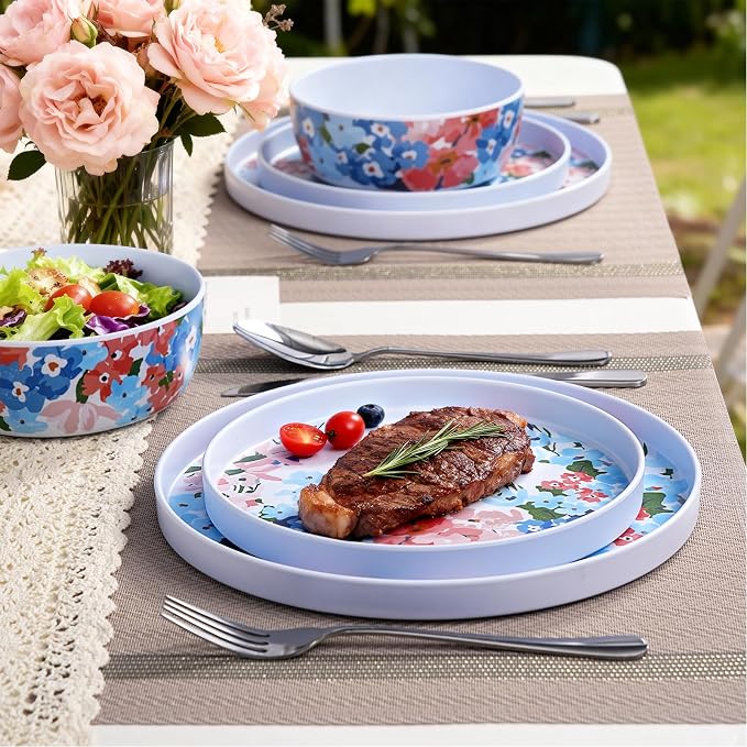 12 Pcs Melamine Dinnerware Set for 4, Floral Plates and Bowls Set | Dishwasher Safe&Lightweight Unbreakable Dish Set For Indoor Outdoor RV Camping Picnic,Service for 4