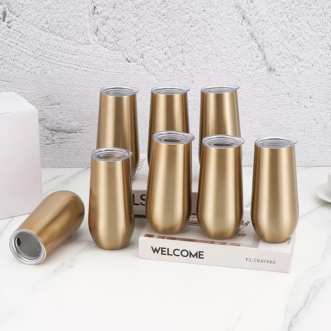 Lifecapido 8 Pack Insulated Champagne Tumblers, 12oz Champagne Flute Tumbler, Stainless Steel Stemless Champagne Glass, Unbreakable Cocktail Cups with Lid for Birthday Party Wedding Christmas (Gold)