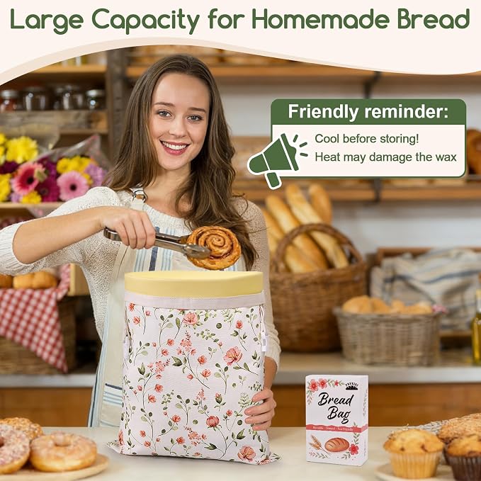 Beeswax Bread Bags for Sourdough, 2 Pack Reusable Bread Bag for Storage XL 17x13 Inch, Large Canvas Lined Bags for Homemade Sourdough - Keep Fresh, Freezer Safe