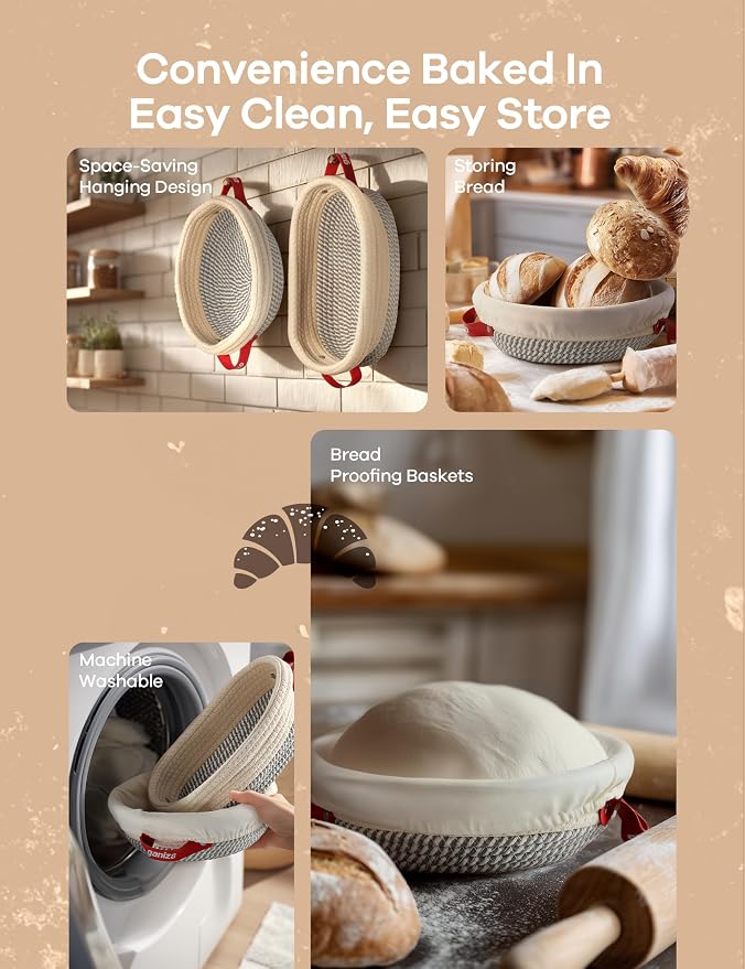 Ganiza 22-Piece Sourdough Proofing Basket Gift Set, Natural Cotton Rope | 9'' Round & 10'' Oval Banneton Basket with Liners & Covers, Easy to Clean, Sourdough Starter Kit with Recipe for Bread Baker