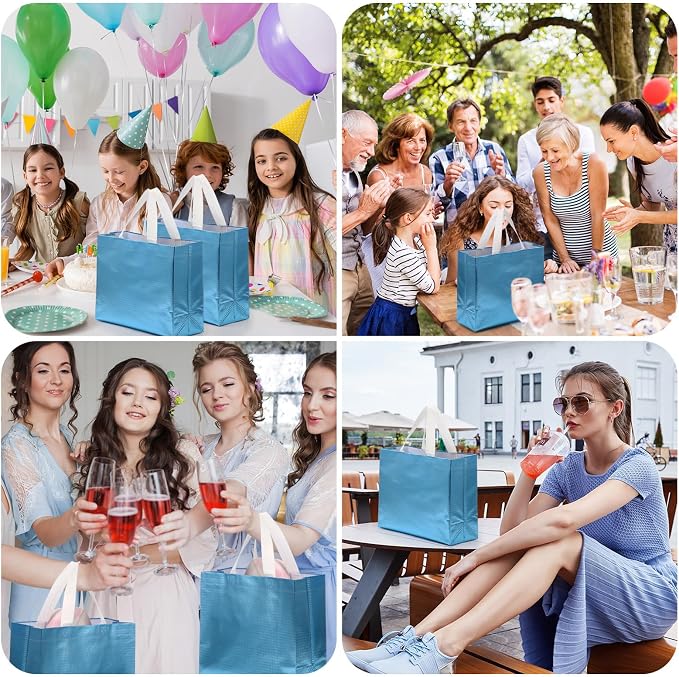 Eccliy Reusable Gift Bags Set Glossy Grocery Gift Tote Bag with Handle for Wedding, Bridal Shower, 4th of July, Summer Event(12 x 11 x 4.7 I Inch,Lake Blue,80 Pcs)