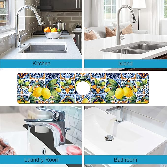 Kitchen Sink Splash Guard Faucet Mat Super Absorbent Fast Drying Mat Sink Gadgets Splash Guard Behind Faucet Drip Catcher for Kitchen (Lemon, 23.5x5.5in)