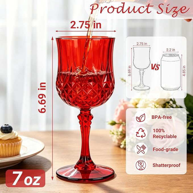 Plastic Wine Glasses, Plastic Goblets Vintage Style Cordial Unbreakable Drinking Glasses, Reusable Drinkware for Wedding Reception, Grand Event Party Supplies (24, Red)