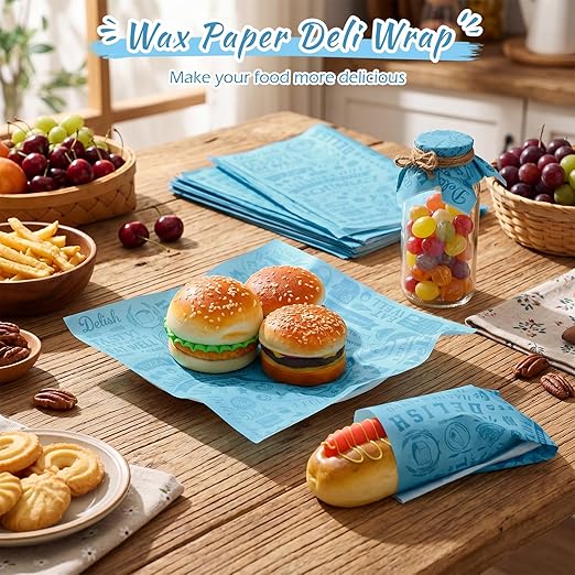 Outus 600 Pcs 12 x 12 Inch Deli Wax Paper Sheets Grease Resistant Tray Basket Liners Newsprint Paper Water and Grease Proof Sandwich Wrapping Square Hot Dog Wrapper for Food Baking (Light Blue)