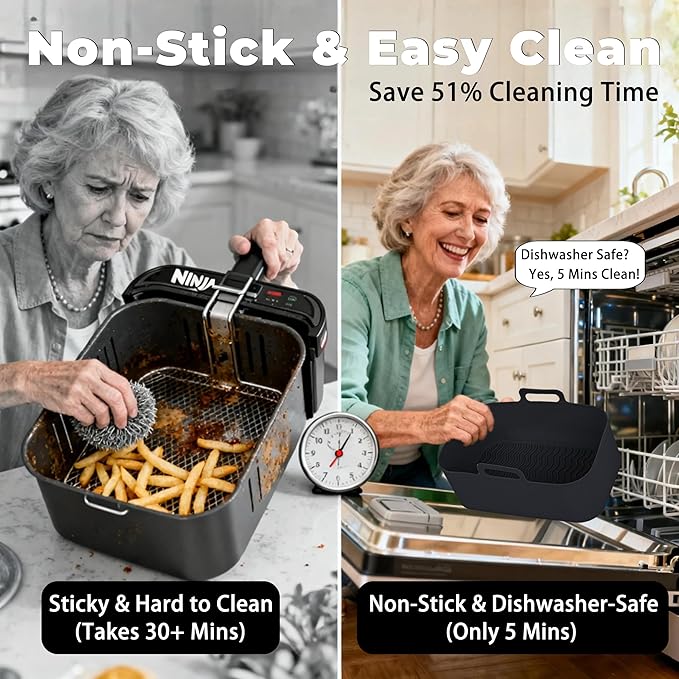 Silicone Air Fryer Liners for Ninja - Reusable DZ201 8QT Dual Basket - Rectangular 2-Pack Vacuum-Packed Easy-Clean Dishwasher-Safe Food-Safe for Home Chefs - Housewarming Gifts