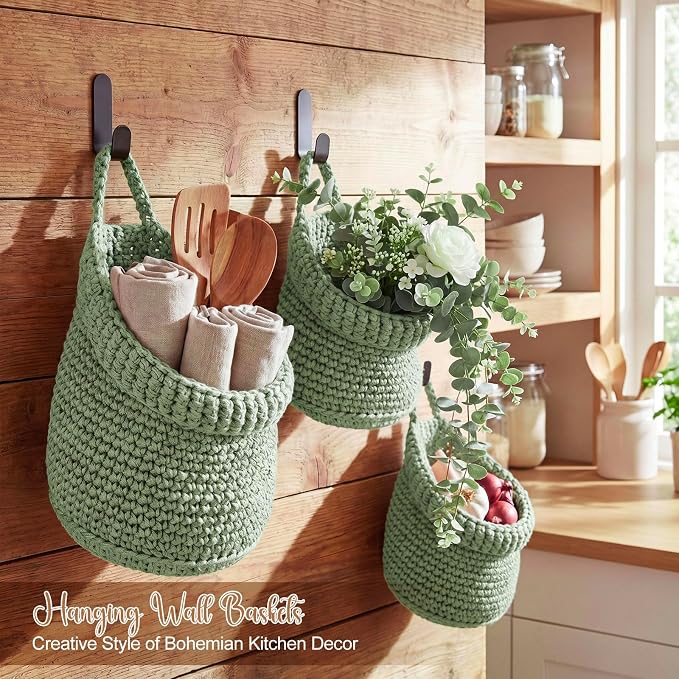 Honeydak Boho Decor Hanging Wall Baskets for Kitchen 3 Pack Teardrop Baskets with Hooks Storage Fruit Onion Vegetable Potato for Home 3 Sizes (Sage Green,Barrel,Cotton Rope)
