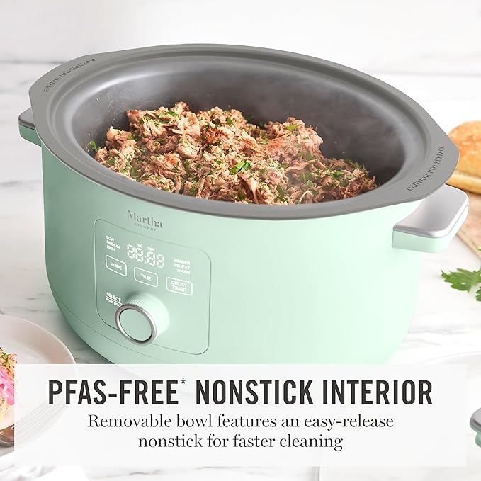 Martha Stewart 8 Quart Slow Cooker, Ceramic Nonstick Removable Bowl, Programmable with Timer, Stovetop & Oven Safe, 3 Temperature Settings, Simmer, Reheat, Warm, Glass Lid, Cool Touch Handles,Honeydew
