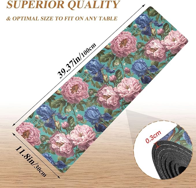 2-in-1 Table Runner Trivet for Hot Dishes Heat Resistant Hot Plate Mat Pad 39x12 Inch Waterproof Table Protector Trivets for Countertop Non Slip Decorative Turquoise Peonies and Irises