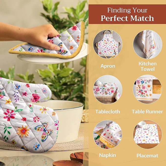 Maison d' Hermine Pot Holders 100% Cotton Heat Resistant Potholders 8" x 8" Hot Pads with Loop BBQ Baking Gifts for Mothers Day Handling Hot Pans Spring/Summer (Pack of 1, Happy Florals - Sweety)