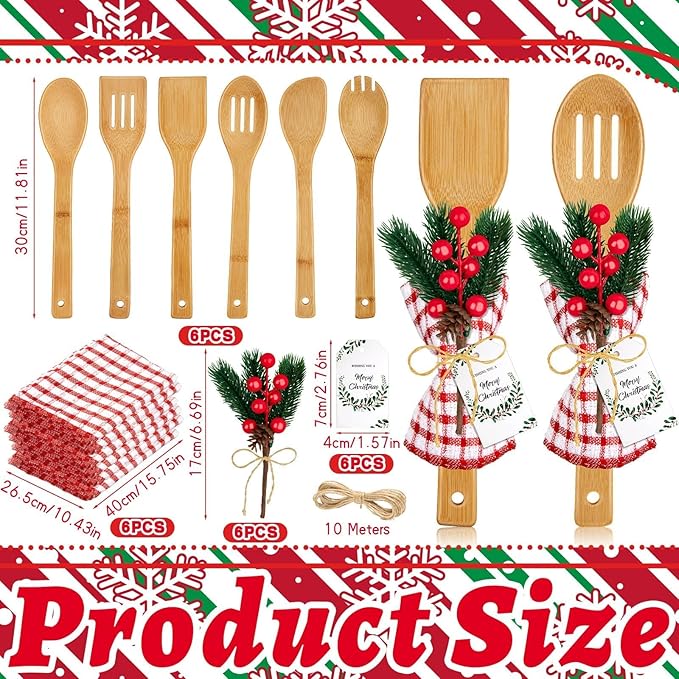 6 Set Christmas Gifts Kitchen Utensils Set with Holder Spatulas Bamboo Spoons Tag for Christmas Holiday Gift Kitchen Utensils Party Decoration