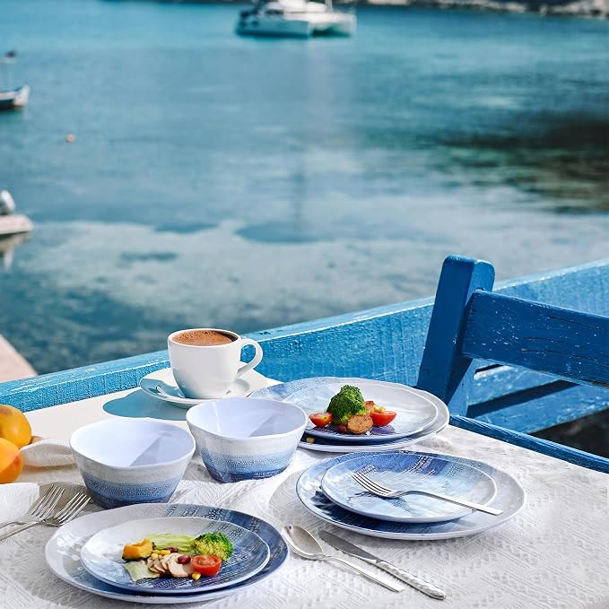 12PCS Melamine Dishes Set Blue, Nautical Plates and Bowls Sets for 4,Lightweight,Durable and Stackable for Camping, RV, Picnic and Outdoor Dining