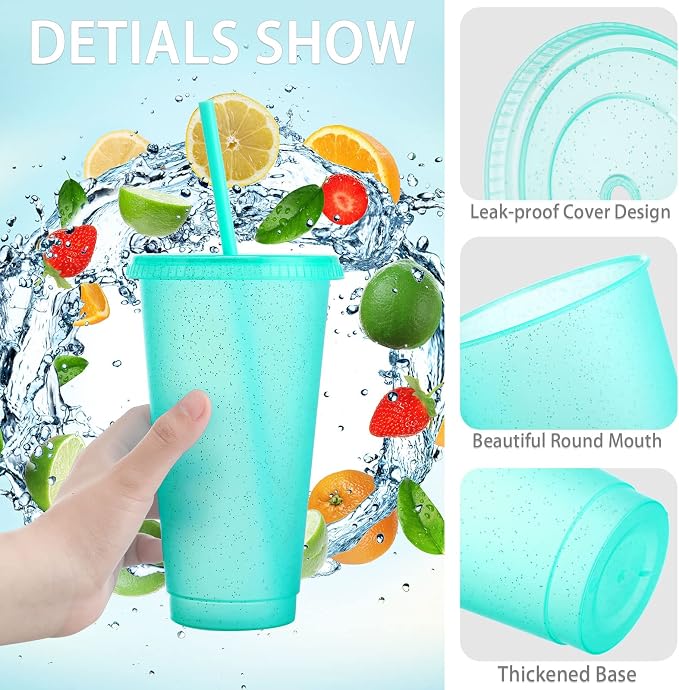 Honeydak 30 Pack Tumbler with Straw and Lid Bulk Cups for Gifts Glitter Plastic Coffee Cups 24-27 oz Reusable Water Bottle Iced Coffee Travel Mug Party Favors for Birthdays Travel (Glitter)