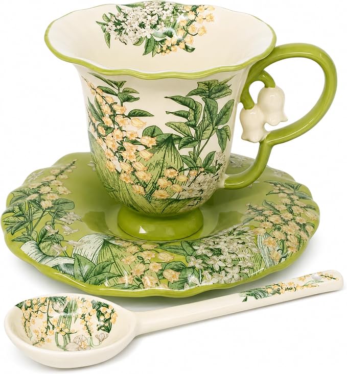 Tea Cup and Saucer Set with Spoon, Porcelain Flower Tea Cup with Saucer, Cute Vintage French Style Coffee Cup Gift Set with Box for Women and Tea Parties