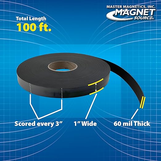 Master Magnetics ZGN40S3 Flexible Magnet Strip, Plain, No Laminate, 1/16" Thick, 1" Height, 100 Feet Scored Every 3", 1 Roll with 396-1" x 3" Pieces