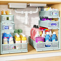 Under Sink Organizer, 2-Pack 3-Tier Thickened Metal Pull out Cabinet Organizer Shelf, Height Adjustable Slide out Storage Drawer Rack for Kitchen Bathroom Pantry Laundry Home Organization, LightBlue