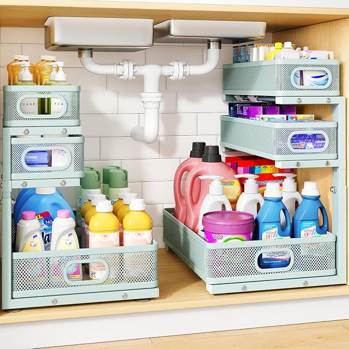 Under Sink Organizer, 2-Pack 3-Tier Thickened Metal Pull out Cabinet Organizer Shelf, Height Adjustable Slide out Storage Drawer Rack for Kitchen Bathroom Pantry Laundry Home Organization, LightBlue