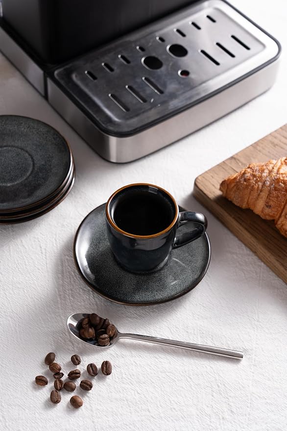 famiware Ocean Espresso Cups with Saucers Set of 4, 3.34oz Espresso Cup Set, Coffee Mug Set for Latte, Macchiato, Stoneware Demitasse Cups Set for Cafe, Microwave&Dishwasher Safe, Deep Forest