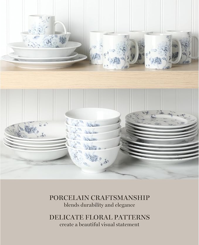 Martha Stewart Empress Bouquet 30 Piece Decorated Porcelain Chip and Scratch Resistant Dinnerware Plates and Bowls Set - Blue Floral