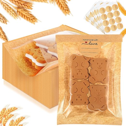 Outus 100 Pcs Cookie Packaging Bags with Seal, 4 x 6 Inch Bakery Pastry Bags with Window, Heat Sealable Grease Resistant Paper to Go Bake Sleeves for Gift Giving Donut Bread Sandwich (Brown)