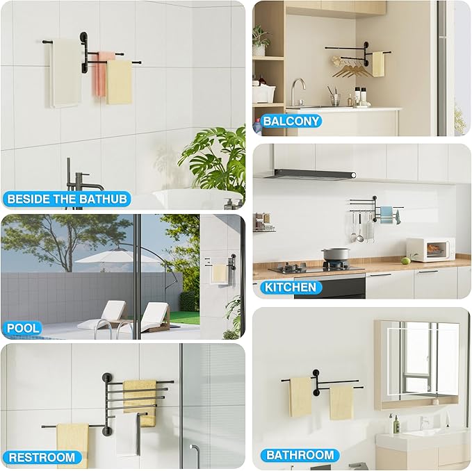 Alise Swivel Towel Rack,Folding 6 Arms Hand Towel Bars Towel Hanger for Bathroom,Wall Mount Drying Racks for Laundry,SUS304 Stainless Steel Swing Out Towel Holder Storage Space Saving,Matte Black