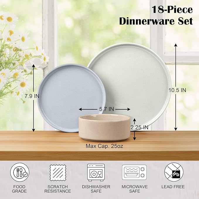 E-far Dinnerware Sets for 6, 18-Piece Stoneware Plates and Bowls Dish Set, Modern Kitchen Dinning Dishware, Chip and Scratch Resistant, Microwave & Dishwasher Safe, Speckled Multicolor