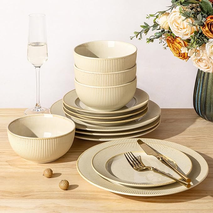TheTerra Stoneware Dinnerware Sets for 4, 12 Pieces Ceramic Plates and Bowls Sets, Scratch Resistant Embossed Dish Set, Oven, Microwave & Dishwasher Safe, Cream Latte