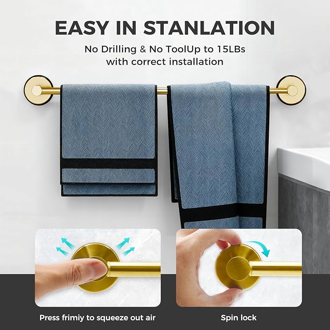 Adjustable Suction Cup Towel Bar for Bathroom Wall,17 Inch~29 Inch Towel Racks for Bathroom,Stainless Steel Bath Towel Holder for Shower(Brushed Gold)