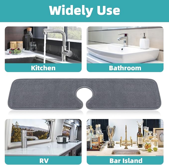 PoYang 2 Pack Faucet Mat for Kitchen Sink Splash Guard Long: Super Absorbent Microfiber Sink Water Splash Guard Behind Kitchen Faucet Mat for Bathroom, RV Protector, Machine Washable 24'' x 5.1''