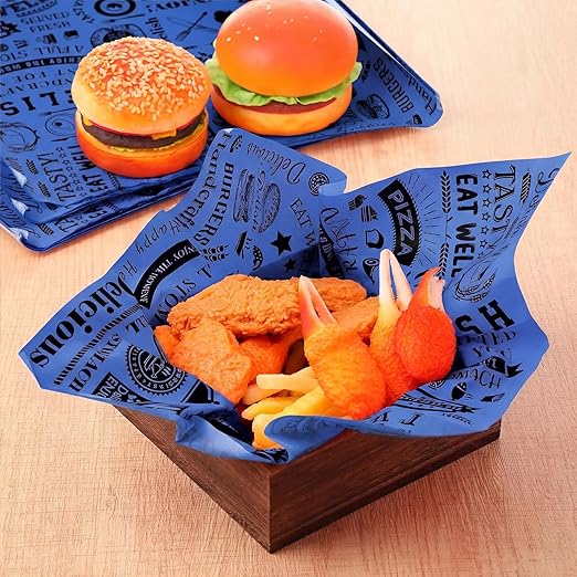 Outus 600 Pcs 12 x 12 Inch Deli Wax Paper Sheets Grease Resistant Tray Basket Liners Newsprint Paper Water and Grease Proof Sandwich Wrapping Square Hot Dog Wrapper for Food Baking (Blue)