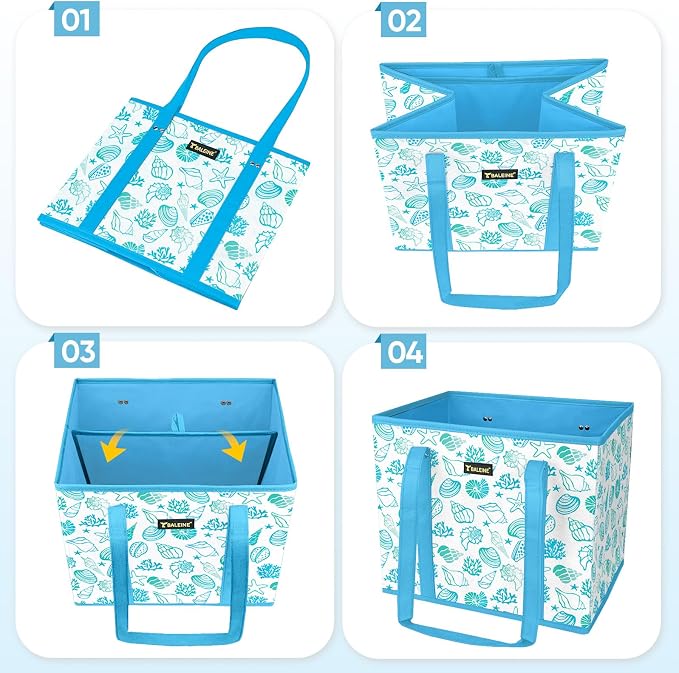 BALEINE 1Pk Reusable Grocery Bags, Foldable Shopping Bags for Groceries with Reinforced Bottom & Handles (Summer Beach-Blue)