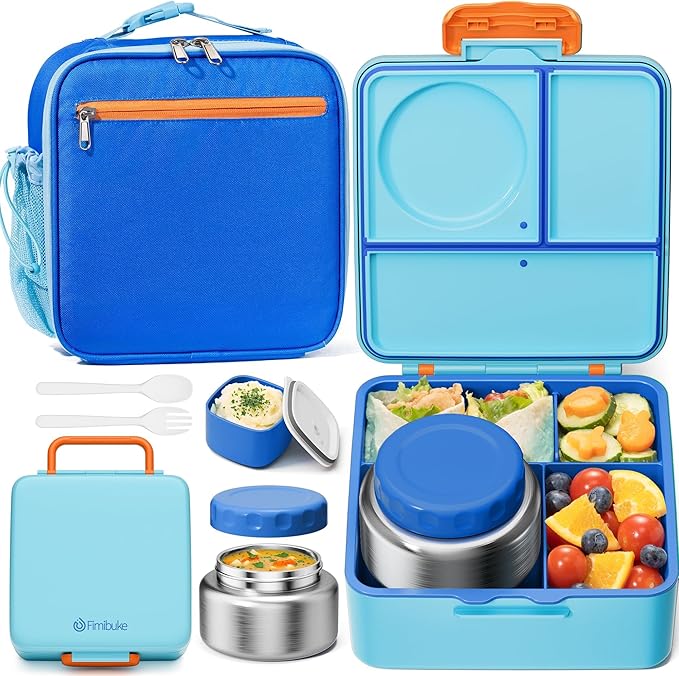 Fimibuke Kids Bento Lunch Box with Thermo, Leakproof Toddler Bento Box with 8.5OZ Insulated Food Jar, Lunch Bag & Utensils BPA Free Dishwasher Safe 3 or 4 Compartment Container for School Girls Boys