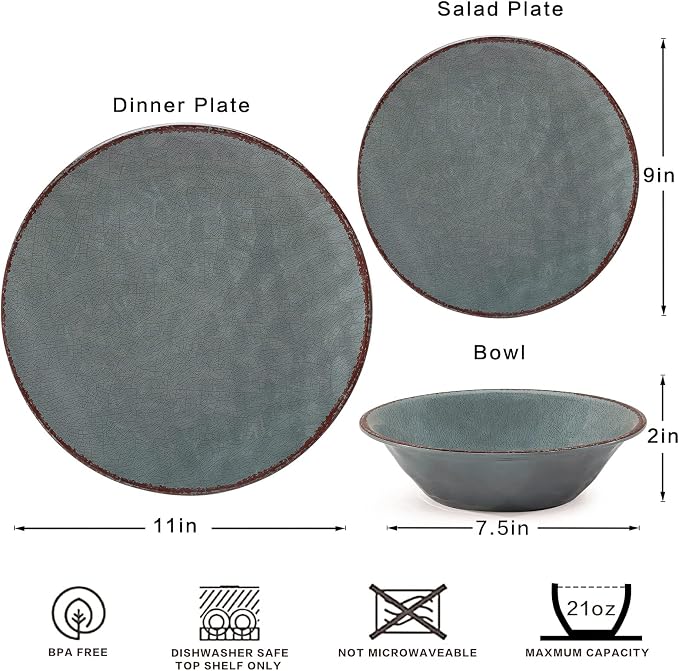 LEHAHA Rustic Farmhouse 12 Piece Melamine Camping Dinnerware Set, Plates and Bowls Sets, Indoor and Outdoor Use, Lightweight and Unbreakable Kitchen dishes Set for 4(Grey)