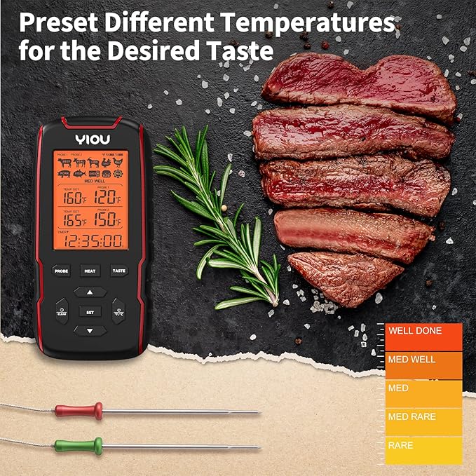YIOU Wireless Meat Thermometer for Cooking, Digital Meat Thermometer with 2 Probes, 500FT Ultra Accurate & Fast Food Thermometer for Oven, Smoker, Red