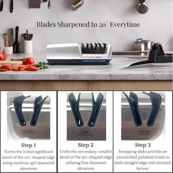 Simple Sharp Professional Electric Knife Sharpener | 3 Stage Precision Sharpening System for Straight and Serrated Blades with Diamond Abrasives | Effortless Precision Sharpening (Silver)