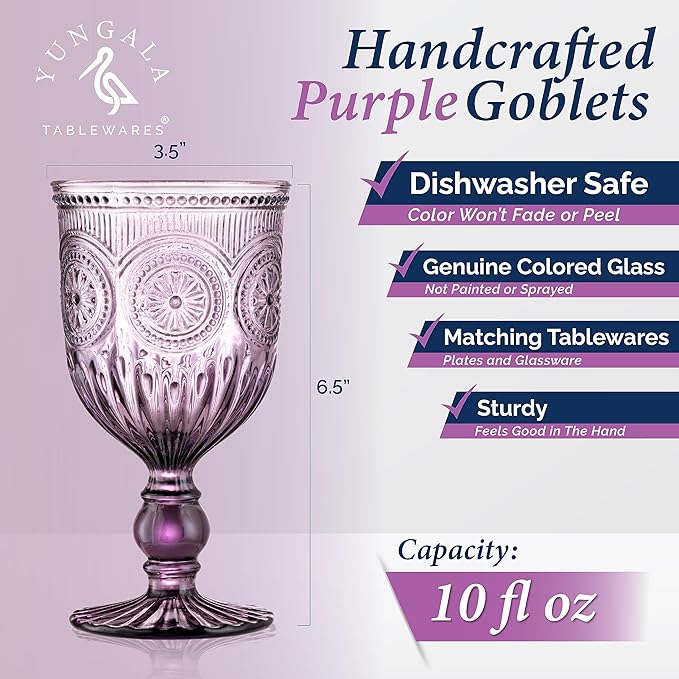 Purple Wine Glasses set of 6 purple goblets. GLASS goblets for wine, water or cocktails, vintage glassware and DISHWASHER SAFE, colorful glassware.