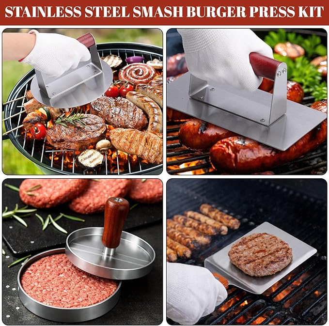 6 Pcs Smash Burger Press Kit 6.3" Round & 8" x 4.3" Rectangle Stainless Steel Meat Press Patty Maker Spatula Seasoning Shaker Patty Paper for Cookout, BBQ, Griddle, Grill(Reddish Brown)